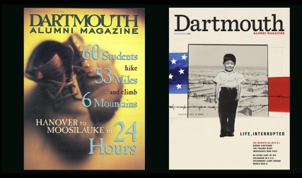Two covers of DAM, one with hiking boots, one with child in front of internment camp