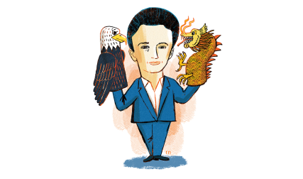 Illustration of man with eagle and dragon puppets
