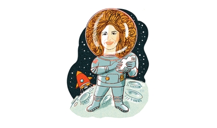 Illustration of a female astronaut on the moon with rocket in background