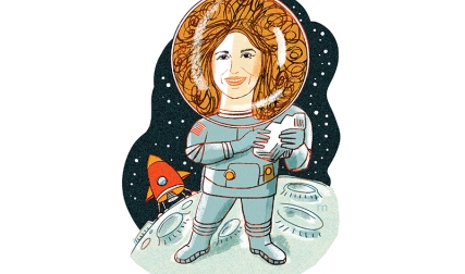 Illustration of a female astronaut on the moon with rocket in background