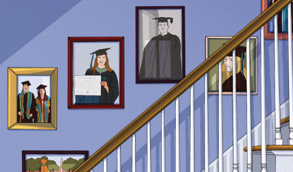 Illustration of college grad portraits on wall in house
