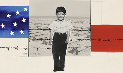 Boy standing in front of barbed wire, internment camp, and flag