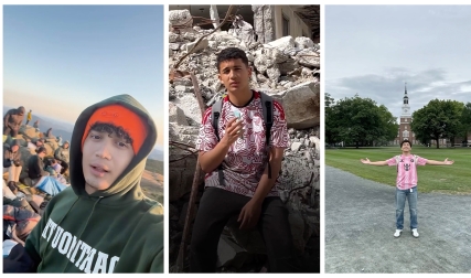 Student on college campus and with rubble in background