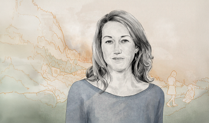 Illustration of woman with fire in background