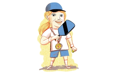 Illustration of woman with pickleball paddle, wearing medal