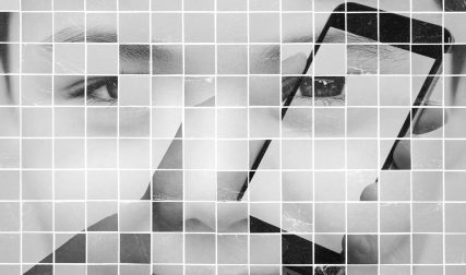 Photo grid of face and smartphone