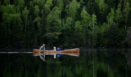 Man and dog in canoe on water