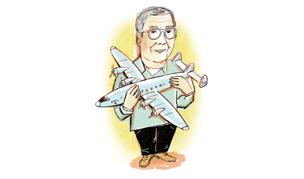 Illustration of man holding model plane