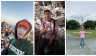 Student on college campus and with rubble in background