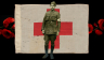 Soldier in front of Red Cross flag