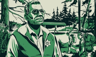 Illustration of man and boys in woods